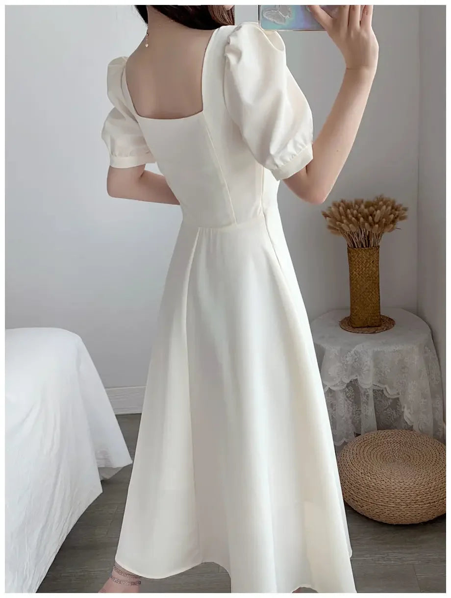 Elegant White Puff Sleeve Square Collar Dress Women's Waist-fitted Long Dress Slimming Effect Summer - Seprincess