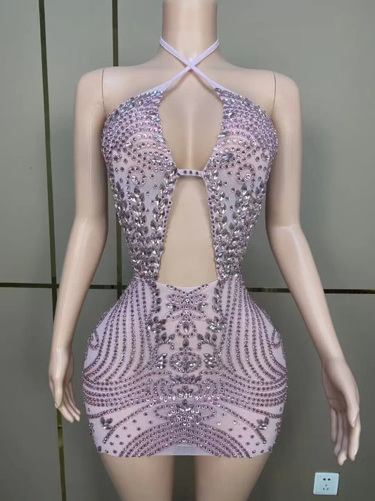 Customized Women Sexy Halter Big Crystal Bodycon Mini Dress Mesh Sexy Backless Nightclub Party Celebrate Dress Wholesale - Seprincess