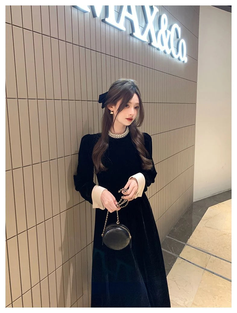 2024 Sweet Woman Party Dresses Korean Vintage Velvet Black Dress Patchwork Robe Elegant Clothes All Match Pearl Vestidos Mujer - Seprincess