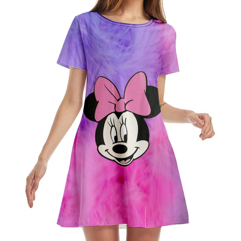 New Disney Minnie Mouse Anime Print Summer 2022 Ladies Sexy Round Neck Boho Beach Dress Ruffle Short Sleeve Mini Dress Y2K - Seprincess