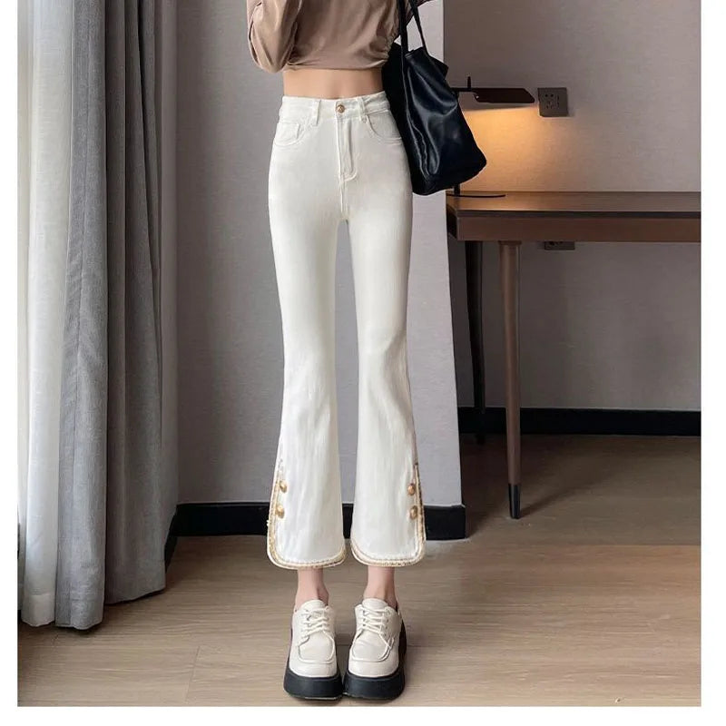 Winter Fashion Luxury Women's Clothing Slim Pants Elastic Force Solid Color Panelled Button Slit Straight Tube Cropped Trousers