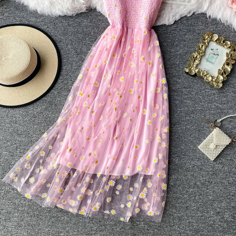 Women daisy Print Dresses Summer Sexy Lace Mesh Dress Spaghetti Strap Ruched Floral Vestidos Korean Style Long Dress - Seprincess