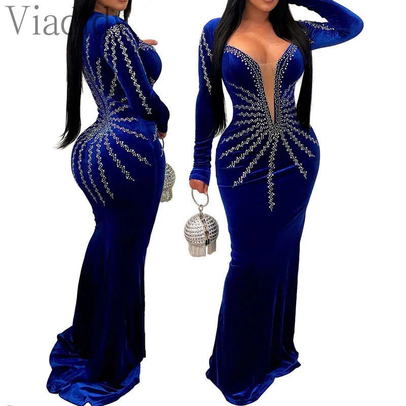 Women Sexy Velvet Mesh Rhinestone V-Neck Floor-Length Evening Party Dress Long Sleeve Back Zipper Mermaid Dresses - Seprincess