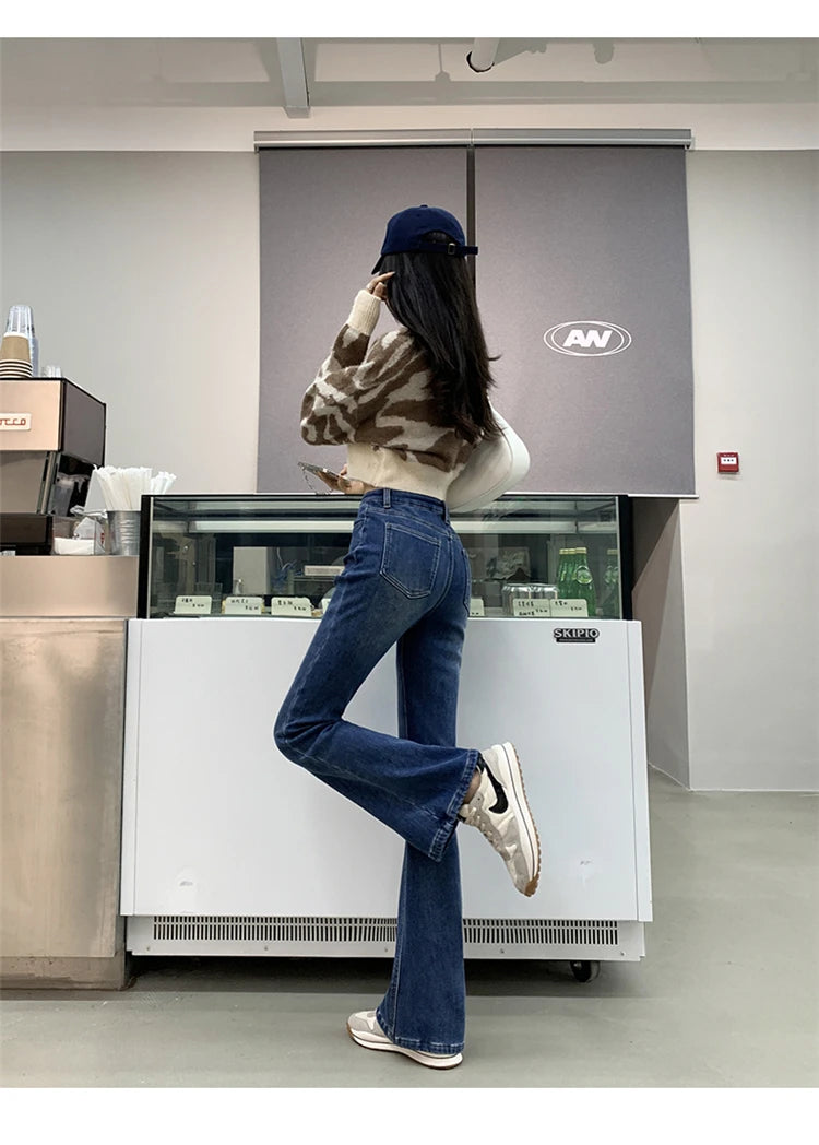 Winter Warm Women's Jeans Fashion Slim Thicken Fleece Flared Pants High Waist Elastic Skinny Velvet Plus Length Female Jeans