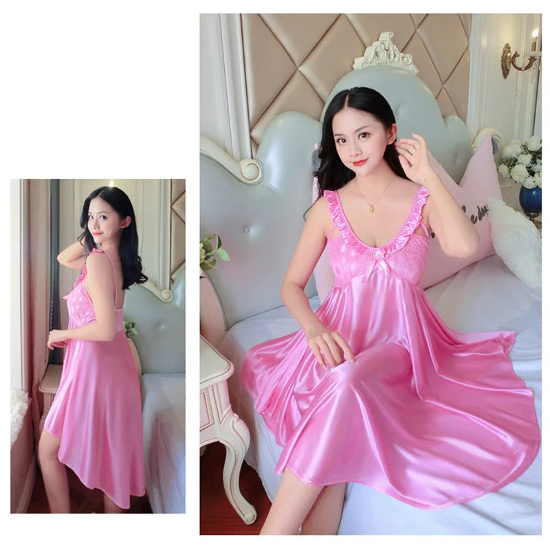 Thin Silk Lady Charming Sleepwear Night Dress Women Sexy Soft Lingerie Spaghetti Strap Home Wear Honeymoon Bride Wedding Nighty