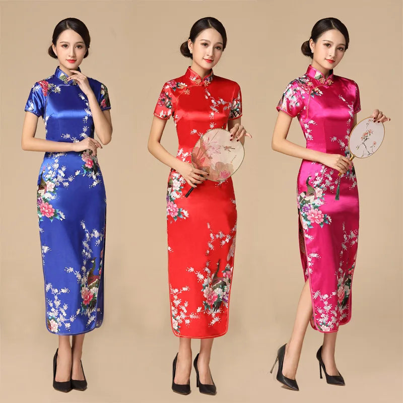 Women Satin Cheongsam Chinese Traditional Mandarin Collar Evening Party Dress Print Peacock Sexy Split Qipao Vestidso - Seprincess