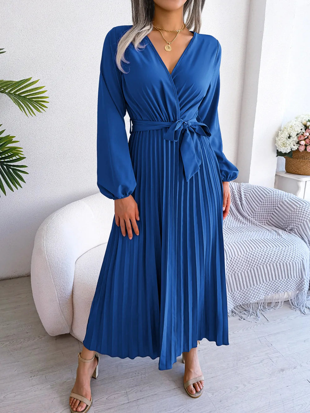 Women Elegant V Neck Long Sleeve Pleated Maxi Dress - Seprincess