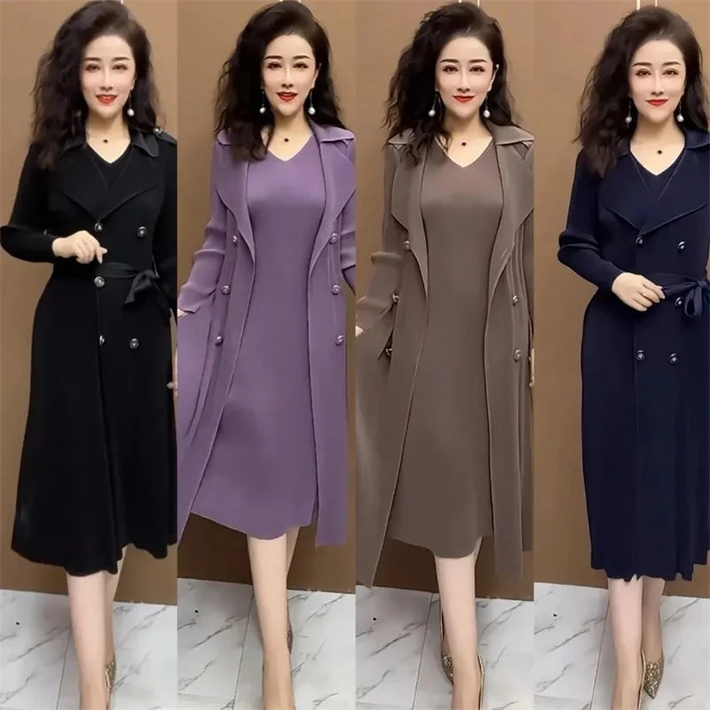 Spring Autumn Fashion Slim Pleated Suit Collar Fake Two Piece Windbreaker Coat Comfortable Waist Shrinking Elastic Dress Belt - Seprincess