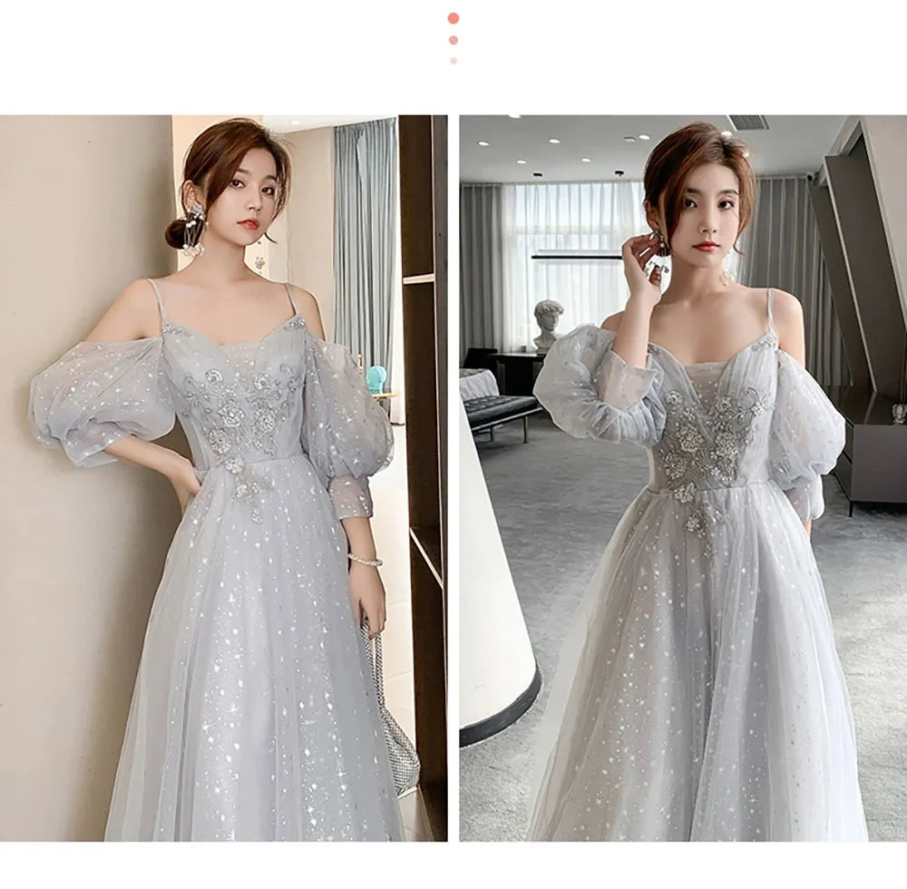 Bridesmaid Dress Women Lantern Sleeve Sequin Tulle Party Dresses Fairy Stage Performance Elegant Ladies Banquet Evening Gown - Seprincess