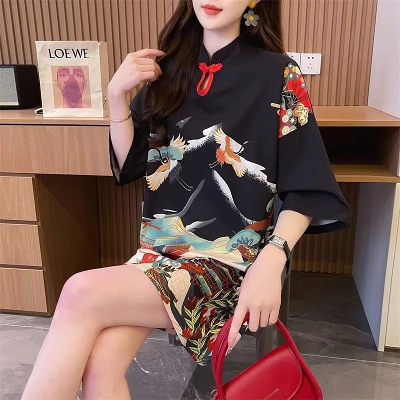 Chinese style modified cheongsam short-sleeved t-shirt women's summer large 300 jins tide design sense of loose fat mm uppe - Seprincess