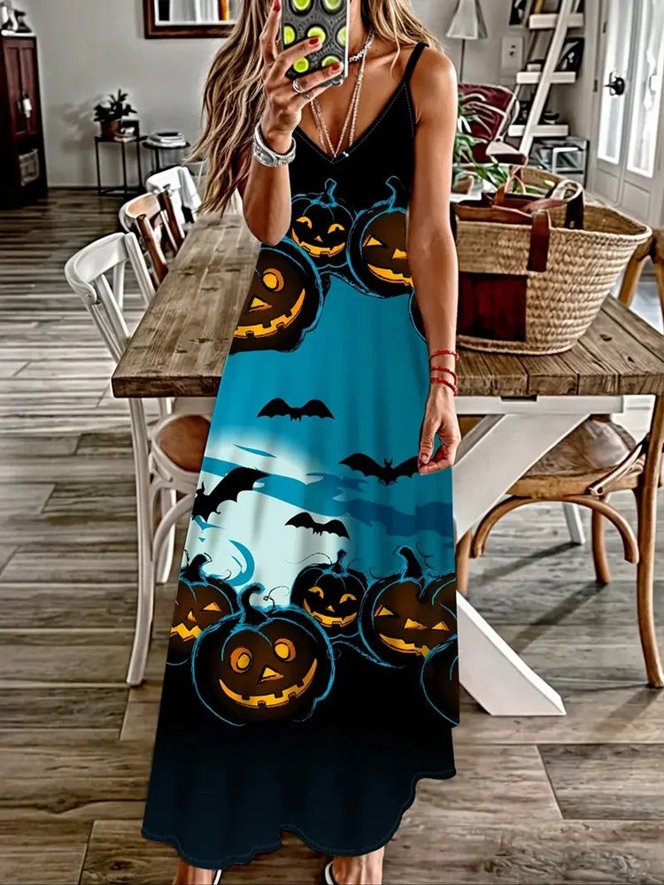 Halloween Horror Pumpkin Atmosphere Print Sexy Strap V-Neck Dress Summer Festival Party Sleeveless Dinner Long Evening Dress - Seprincess