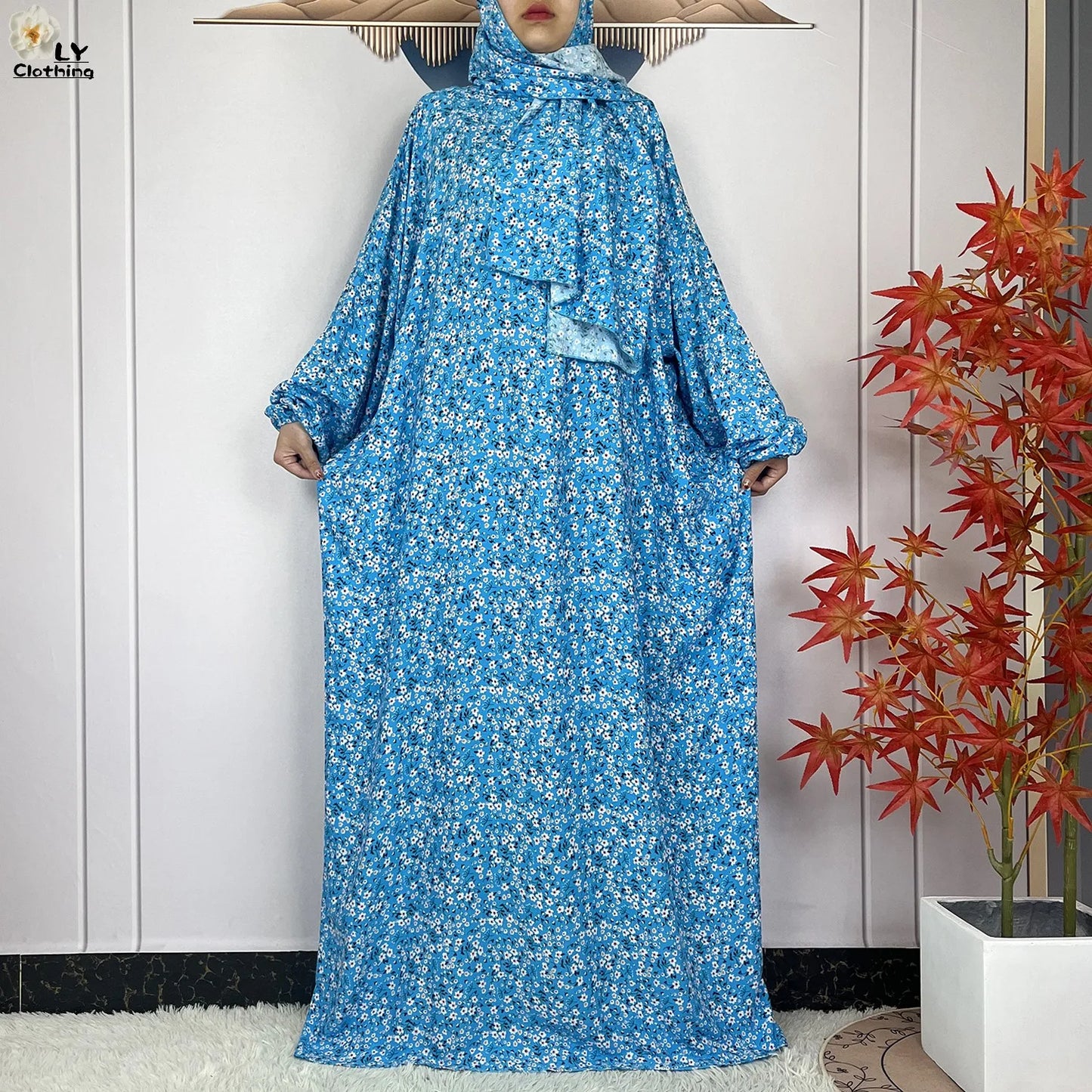 2024Latest Muslim Abayas For Women Ramadan Prayer Maxi Dubai Turkey Femme Cotton Robe Floral Loose African Dress Turban Attached - Seprincess