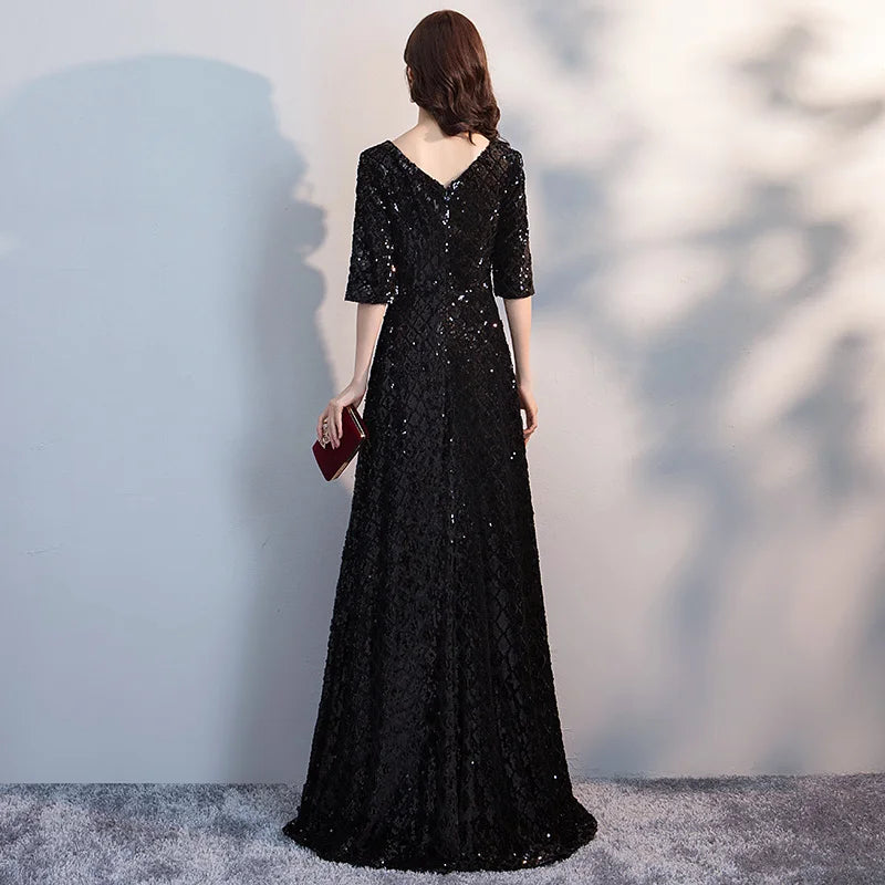 FANIECES Luxury Sequins Party Evening Floor-length Dresses Women Three-Quarter Sleeve V Neck Prom Gown Robe Longue Femme Vestido - Seprincess