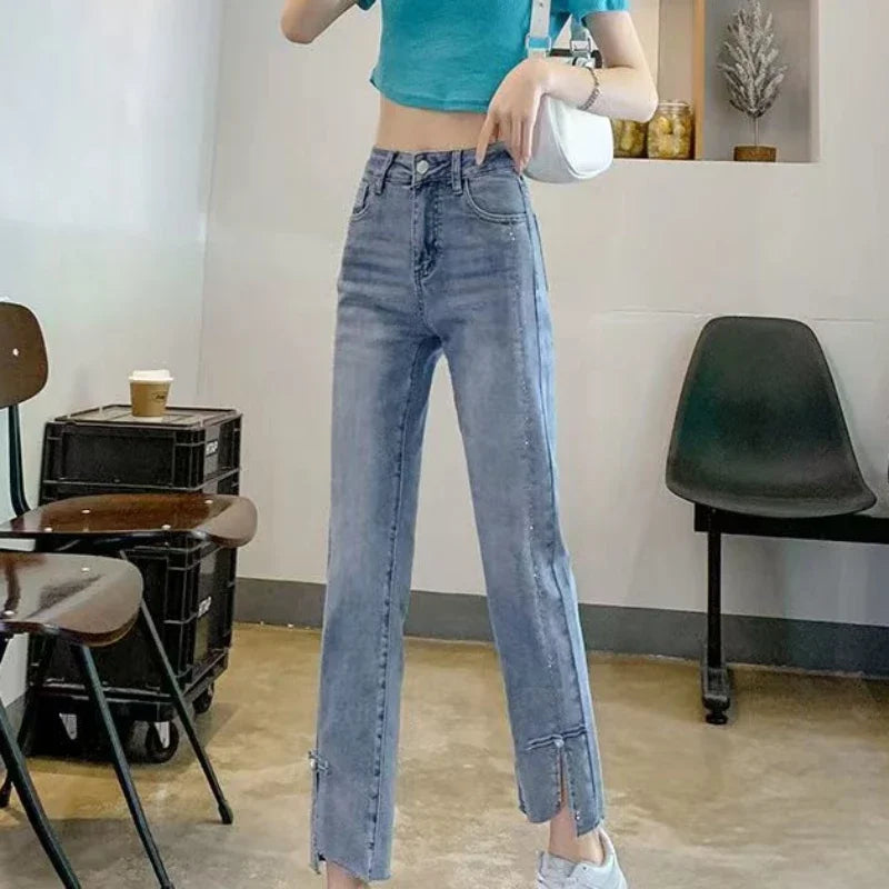 Pearl with Decorations Trousers Blue Cropped Straight Leg Women's Jeans Black and Capris High Waist Shot Short Japanese Y2k A R