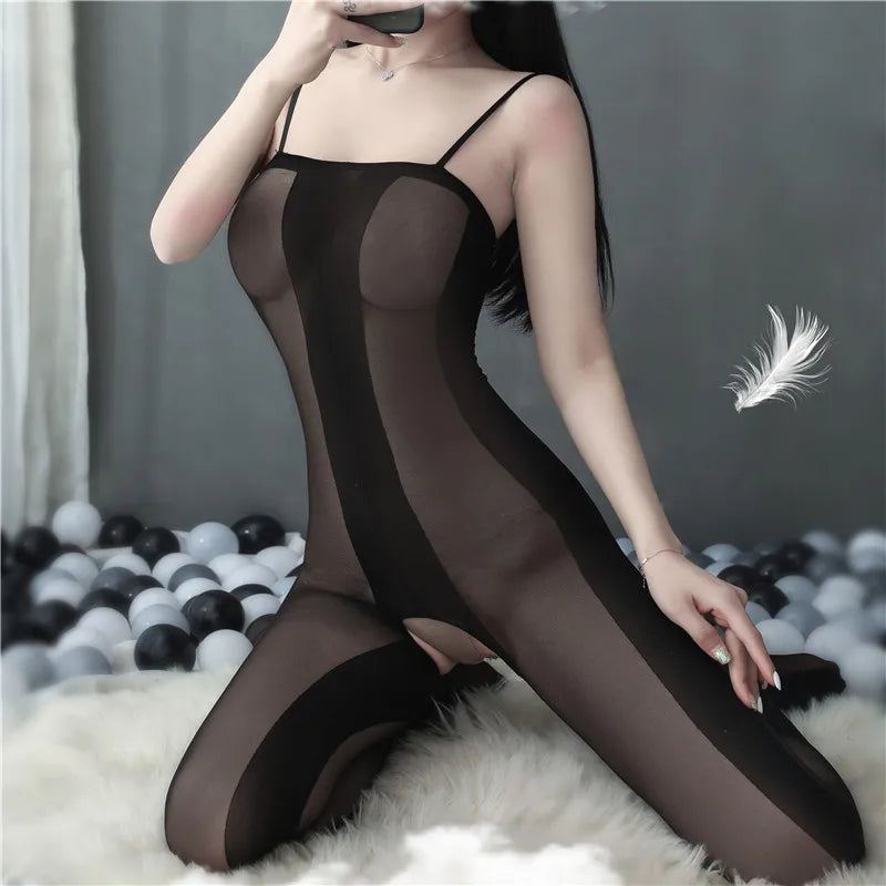 Black Sexy Catsuit Women Erotic Costumes Open Crotch Bodystockings Nylon Tights Transparent Lenceria Erotica Mujer Sexi