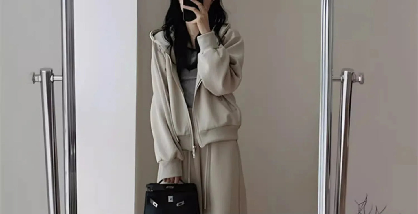 2024 Autumn Winter New Solid Loose Women's Hoodie and Sweatpants Two Piece Set Korean Fashion Y2k Zip Up Hoodie Sweatshirts - Seprincess