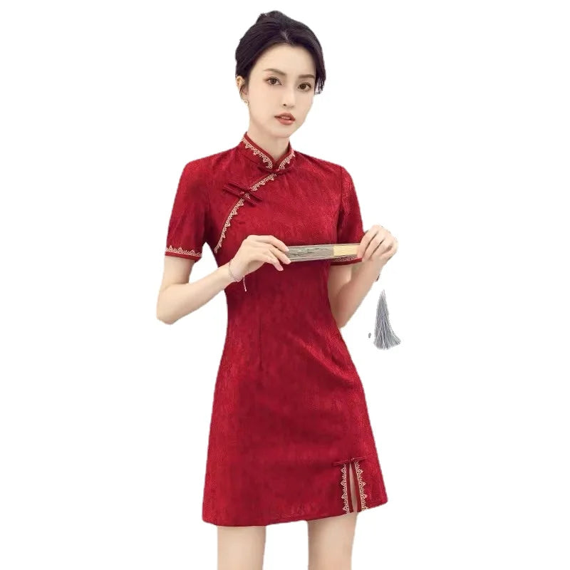 Traditional Chinese Clothing Red Cheongsam Summer New Modern Improved Young Short Qipao Dress New Year CNY - Seprincess