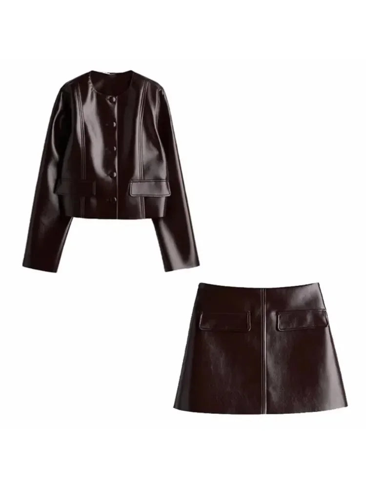 Pu Leather Long Sleeve Jacket Button Hip Mini Skirt Suits Women New Solid Slim Outfits Female Fashion Vintage 2 Piece Set 2024 - Seprincess