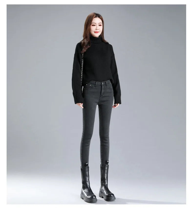 Thickened High-Waisted Fleece-Lined Jeans Women's Slimming Tightening Pants Winter New Elastic Pants Slimming Thickened