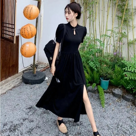 New Chinese Style Improved Cheongsam Dress New Summer Qipao Temperament Black Large Swing Split Midi Qi Pao Dress Woman - Seprincess