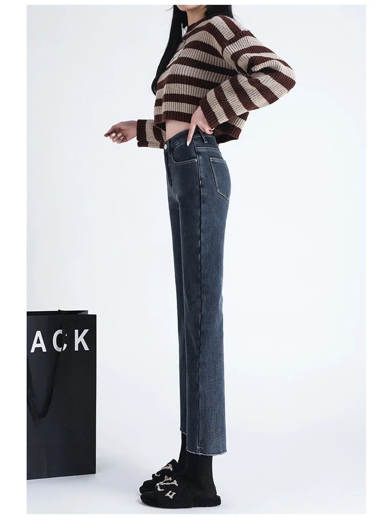 New Straight Denim Jeans Plus Velvet Autumn Winter Micro brushed Edge Elastic Pants High Waist Elastic Fleece Women's Trousers