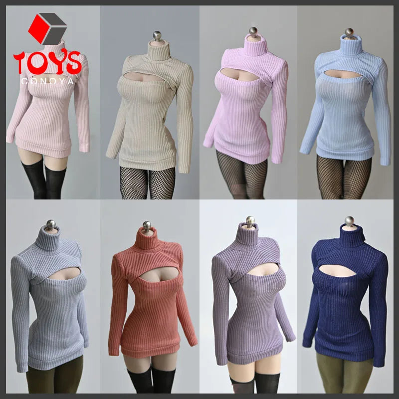 1/6 Scale Female Sweater Slim Elastic High Neck Knit Pullover Sexy Open Chest Tops Mini Sweater Dress for 12" Action Figure - Seprincess