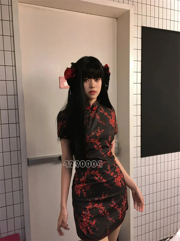 Sexy Red Qipao Women New Chinese Style Dresses Vintage Mandarin Collar Y2K Vestidos Print Flower Cheongsam Bigsize 3Xl-6Xl - Seprincess