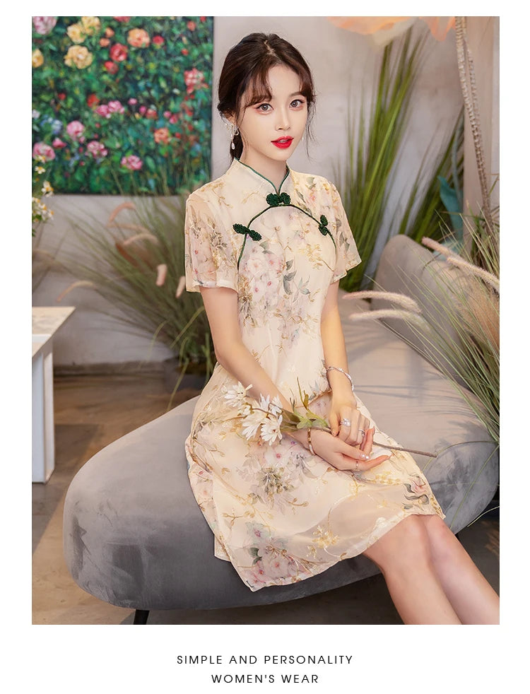 New Style Summer Improved Chiffon Cheongsam Women' Elegant Chinese Traditional Short Sleeve Qipao Dress Modern - Seprincess