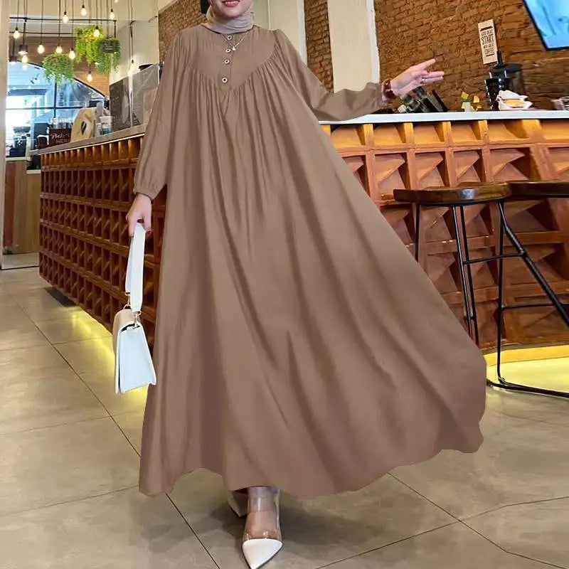 ZANZEA Islamic Dubai Hijab Dresses Autumn Muslim Dress Abaya Women Oversize Sundress Fashion Long Lantern Sleeve Maxi Vestidos - Seprincess