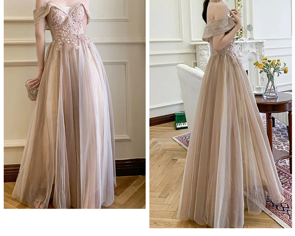 4 styles Champagne Pink Bridesmaid Dress Women's Elegant Off Shoulder Ruffles Sleeves Gown Sequins Flower Applique Vestido