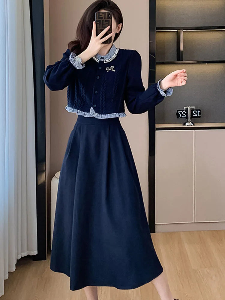 2023 Autumn Fashion Two Pieces Set Korean Women Vintage Ruffles Knitted splicing Shirt Top + A-Line Midi Skirts Elegant Outfits - Seprincess