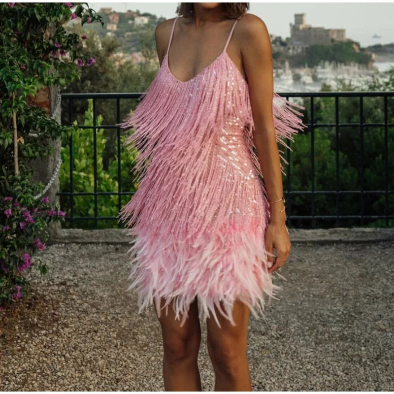 2024 Sexy Women's Fringed Sequin Feather Stitching Dress Summer Slim V-Neck Off Shoulder Dresses Female Backless Slip Mini Robe - Seprincess