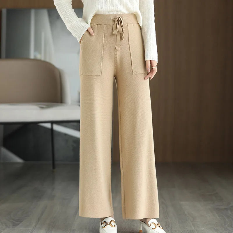 Women's Merino Wool Knitted Pants Office Lady Simple High Waist Straights Trousers Cashmere Wool Autumn Winter Thick Knitwear