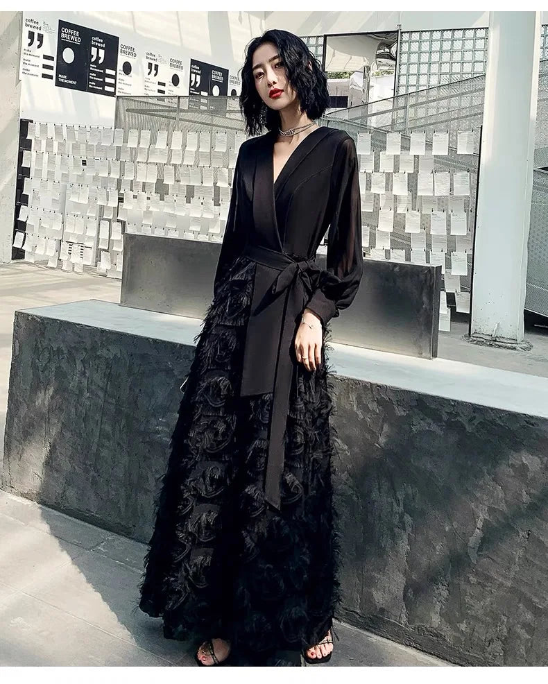 Y2K clothes designer autumn spring black maxi dresses for women traf bow V-neck tassels elegant party evening long dress vestido - Seprincess