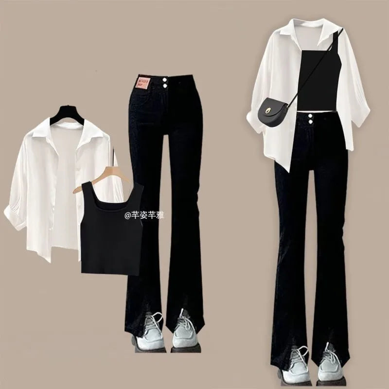 Women's Summer New Denim Pants Matching Set Korean Elegant Sunscreen Shirt+Strap+Casual Jeans Three Piece Female Trousers Suit - Seprincess