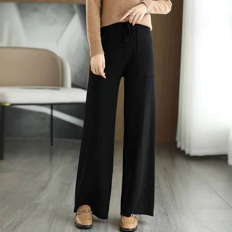 Women's Merino Wool Knitted Pants Office Lady Simple High Waist Straights Trousers Cashmere Wool Autumn Winter Thick Knitwear