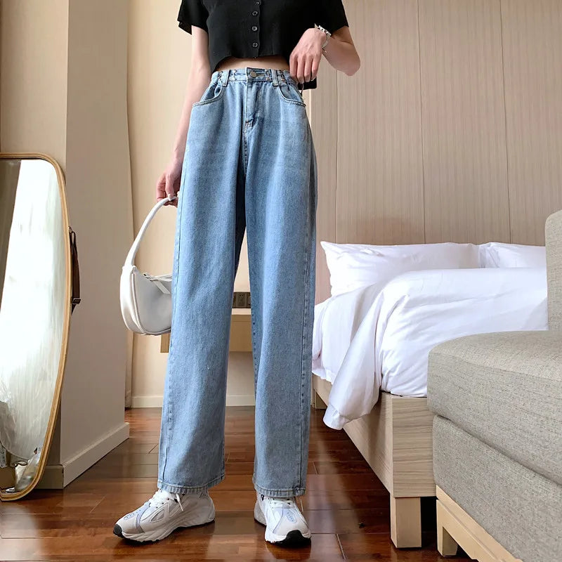 Spring Autumn High Street Network Red Denim Pants Female Y2k Korean Version High Waist Loose Leg Straight Leg Mopping Pants Tide