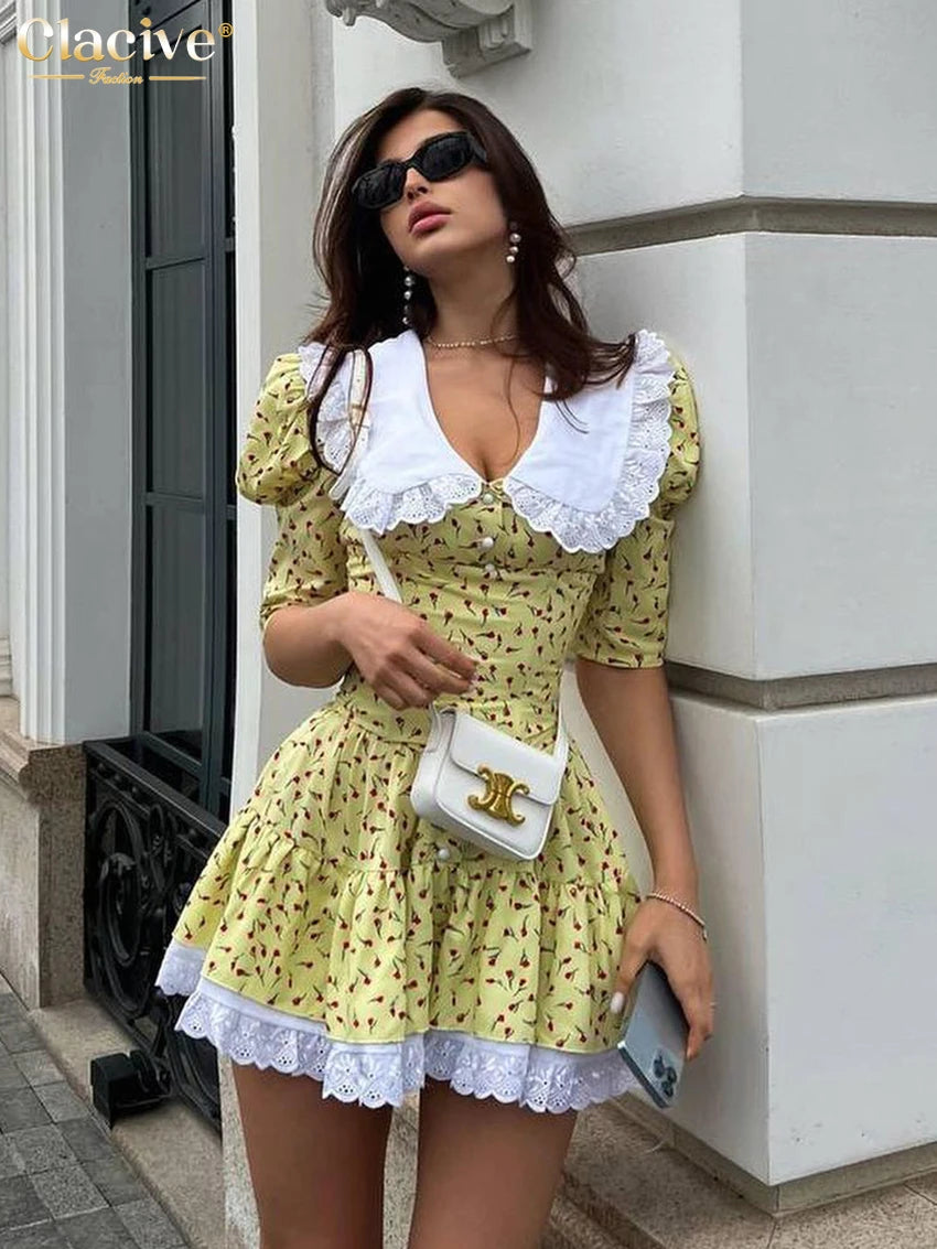 Clacive Summer Slim Print Women'S Dress 2023 Bodycon Doll Collar Short Sleeve Mini Dresses Elegant Lace Patchwork Female Dress - Seprincess