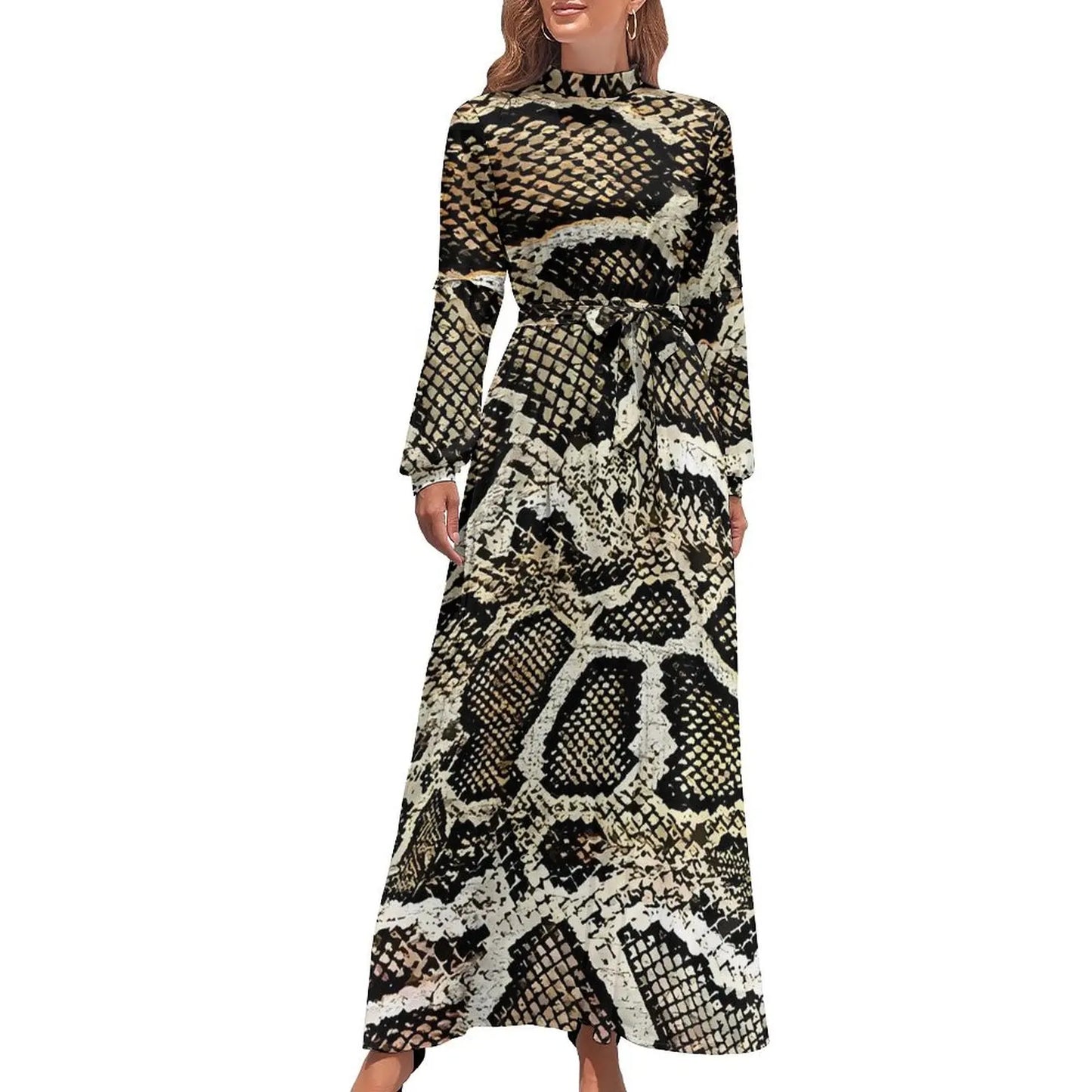 Vintage Snake Skin Print Dress  Kawaii Design Maxi Dress High Waist Long-Sleeve Casual Beach Long Dresses - Seprincess