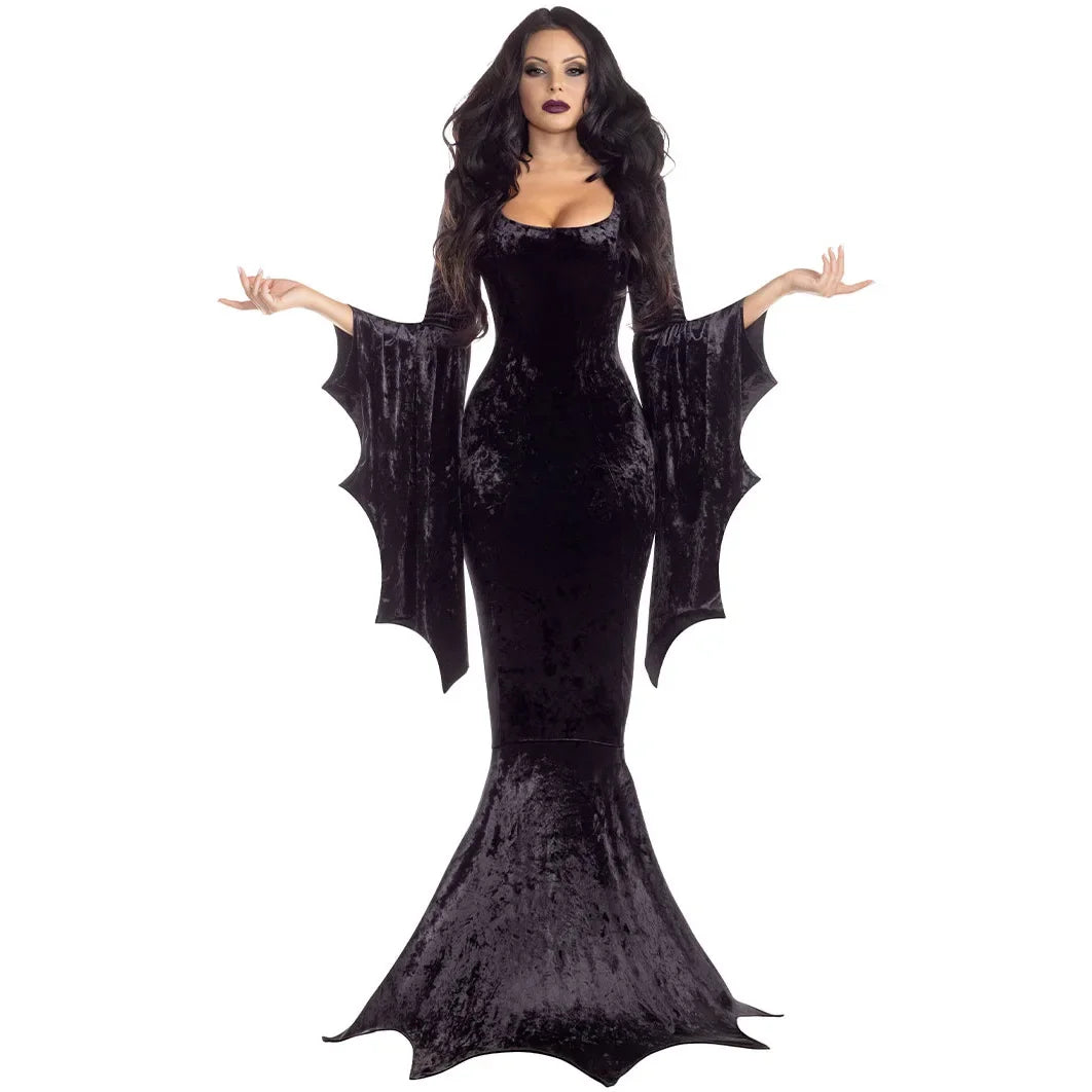 Halloween Cosplay Gothic Witch Ghost Bride Vampire Costume Winter Trumpet Sleeves Evil Witch Dress Adams Family Fishtail Dress - Seprincess