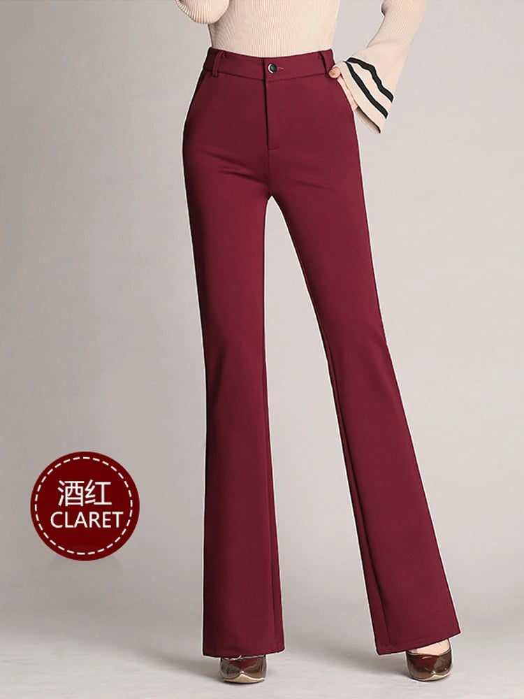 Solid Elegant Full Length Women's Pants Autumn Casual Wide Leg Flared Pants Vintage High Waist OL Ladies Career Long Trousers