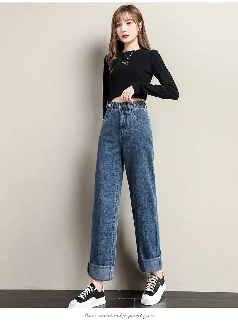 Loose Women Jeans High Waist Design Adjustable Straight Crotch Retro Style Trousers Cotton Fabric Comfortable Casual Style