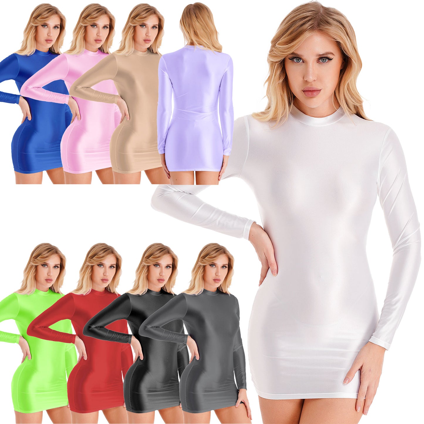 Women's Bodycon Dress Rave Clubwear Smooth Stretchy Tight Long Sleeve Glossy Party Dresses Female Clubbing Dress Nightwear - Seprincess