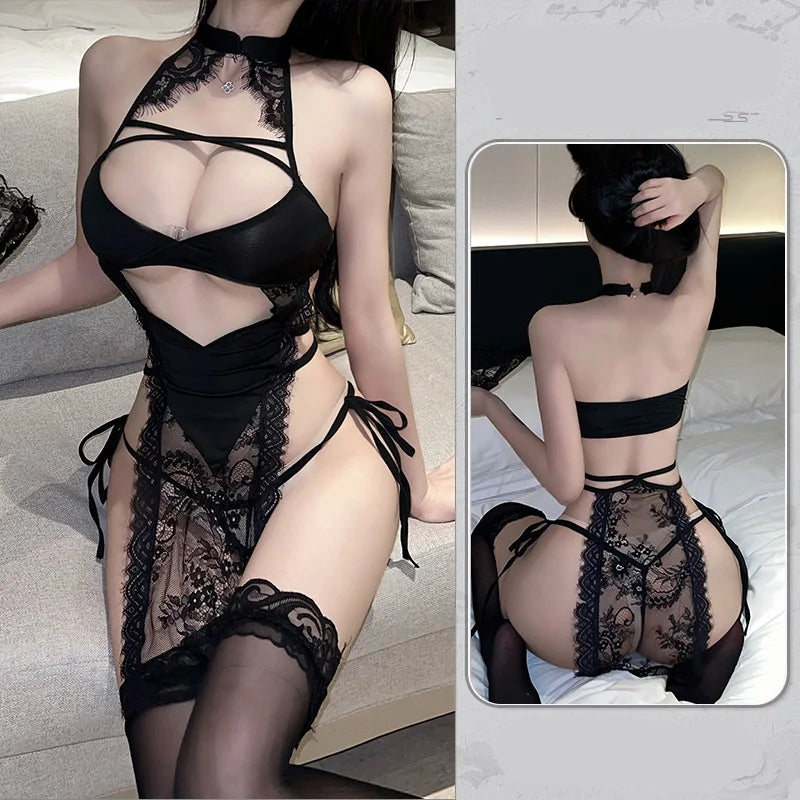 Sexy Erotic lingerie Lace deep V perspective bondage tight fitting sexy hot underwear women fetish baby sex Fantasy clothing xxx - Seprincess