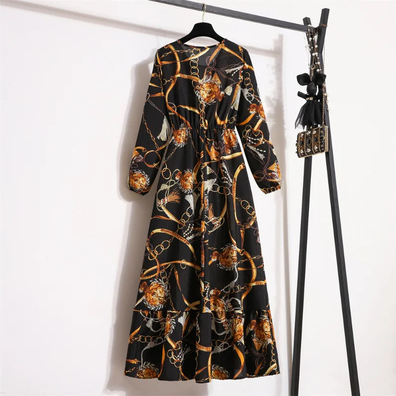 Autumn Spring Chiffon Dresses Fashion Female Full Sleeve Vintage Printed Floral Casual Long Dress Women Maxi Dresses Vestidoes - Seprincess