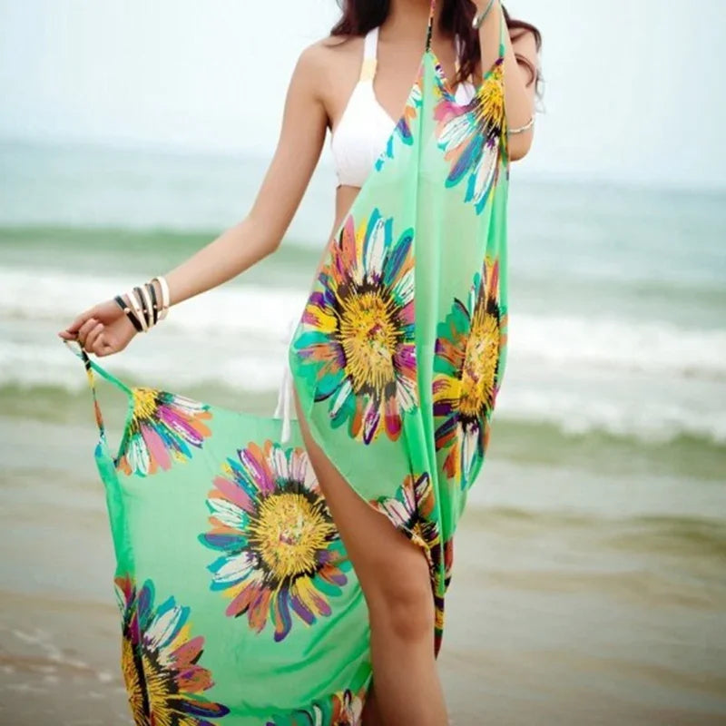 Summer Beach Dress Swimsuits Women Beach Bikini Cover Up Printed Pareo Chiffon Wrap Skirt Sarong Scarf Beachwear Bathing Suit - Seprincess