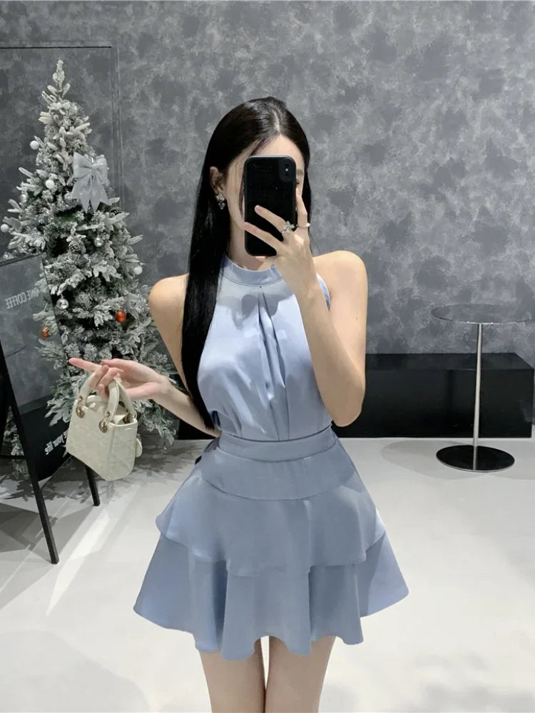 Two Piece Set Women Y2k Crop Tank Tops Loose Solid Fashion Camis Sleeveless Blouse High Waist Skirts Elegant Suits Ladies Korean - Seprincess