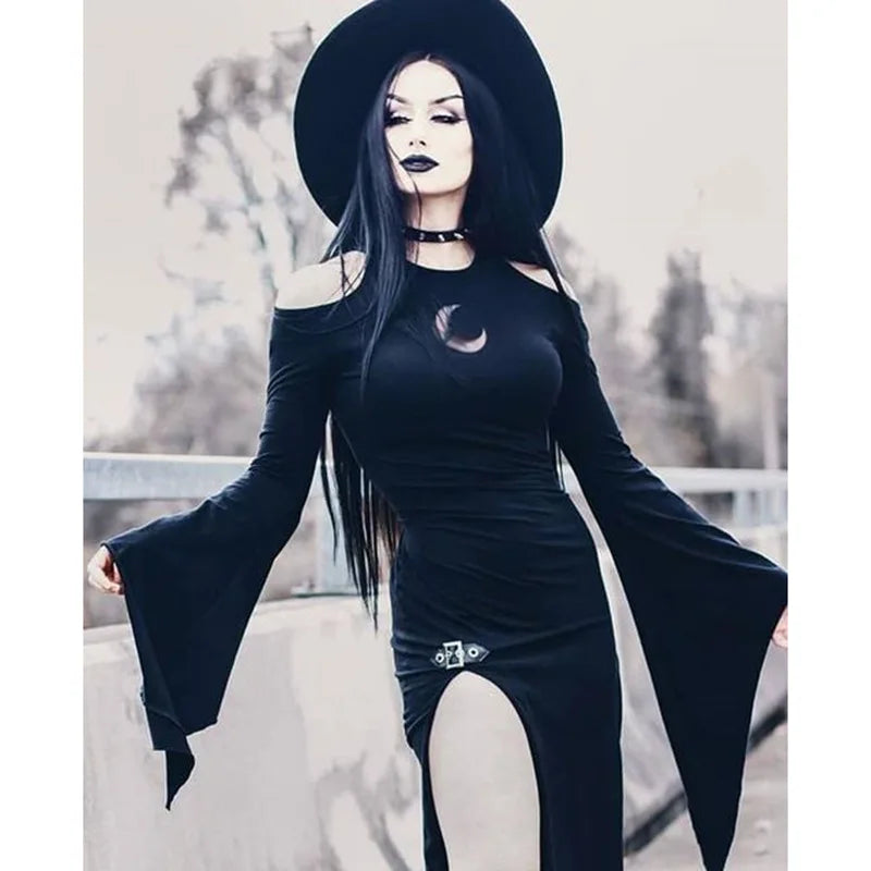 Gothic Dark Witches Clothes Halloween Cosplay Women Witchcraft Moon Dress Trumpet Sleeve Outfits Costumes - Seprincess