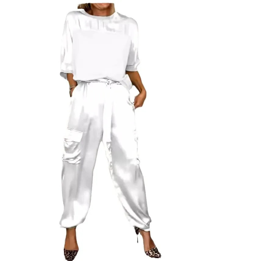 Elegant Satin Two Piece Set Women Outfits Spring Summer Casual Solid O Neck Shirt Long Pants Tracksuit Fashion Female Loose Suit - Seprincess