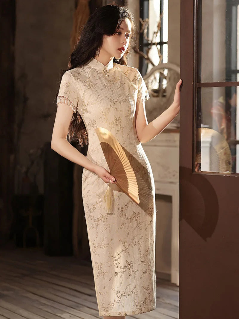 Women Summer Lace Gold Cheongsam Dress New French Style Wedding Evening Dress Vintage Female Tassels Sleeve Qipao S To 3XXL - Seprincess